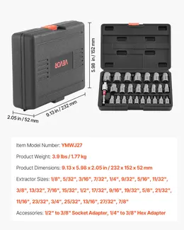 Product image of 27-Piece Hex Head Multi-Spline Screw Extractor Set, Cr-Mo Steel, with Adapters and Case
