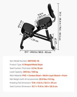 Product image of Mobile Kneeling Chair with Backrest, Adjustable Height, X-Frame, Black