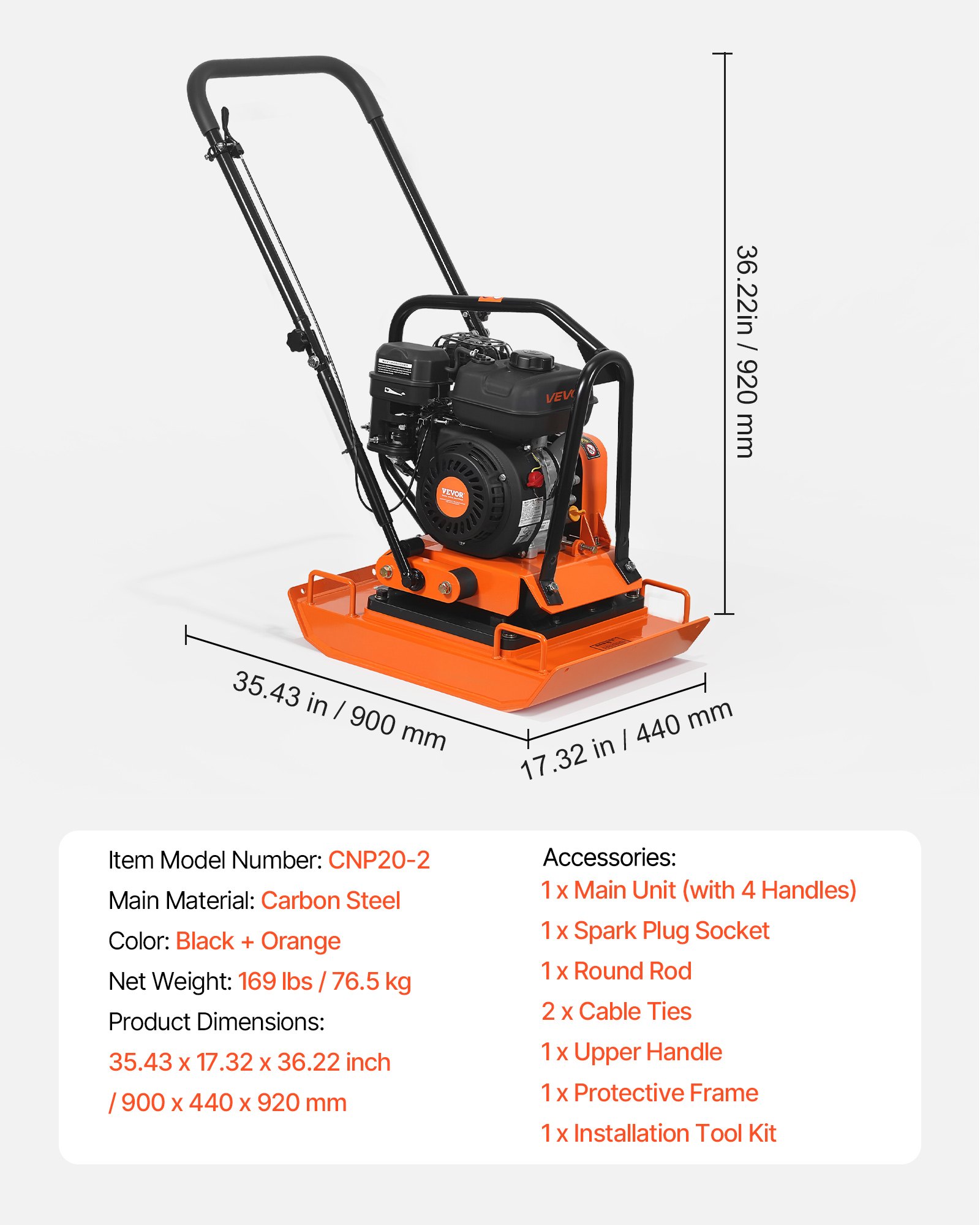 Main product image of Plate Compactor, 7 HP 196CC Gas Engine, 5400 VPM, 4440 Lbs Force, 23x18 In Plate