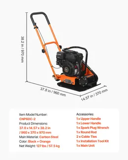 Product image of Plate Compactor, 6.5 HP 196CC Gas, 5600 VPM, 2360 Lbs Force, 20.1 x 15 In Plate