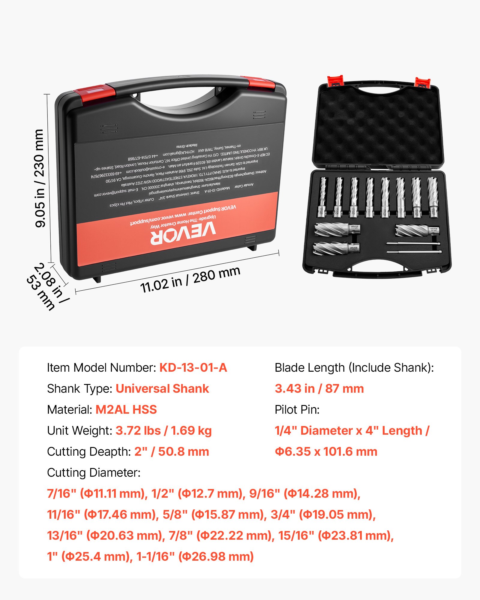 Main product image of Annular Cutter Set, 13 Pc, Universal Shank, 2" Depth, 7/16"-1-1/16" Dia, HSS
