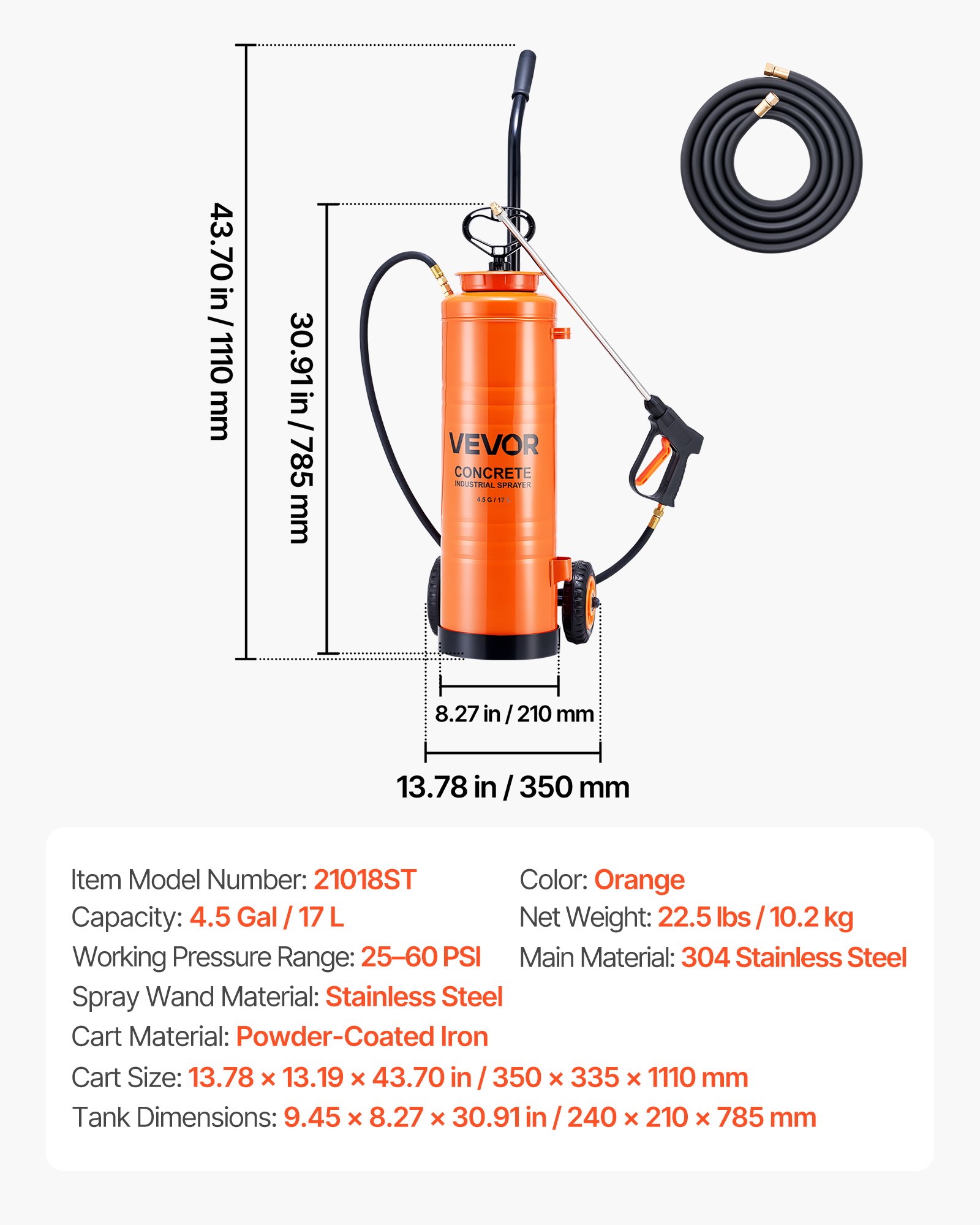 Main product image of 4.5 Gallon Stainless Steel Concrete Sprayer with Cart, 48" & 120" Hoses
