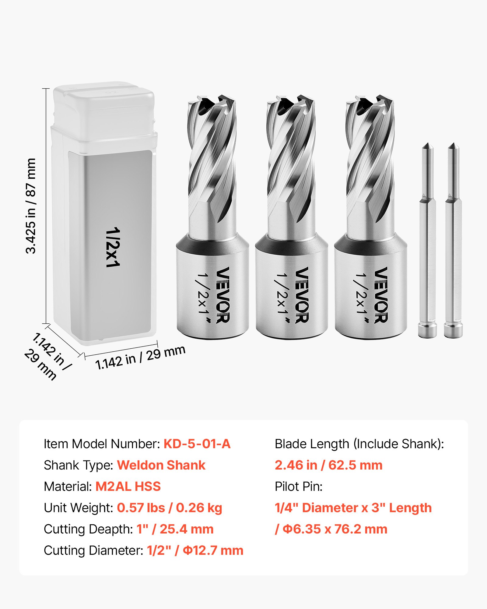 Main product image of Annular Cutter Set, 5 Pc, Weldon Shank, 1" Depth, 1/2" Diameter, HSS, for Magnetic Drills
