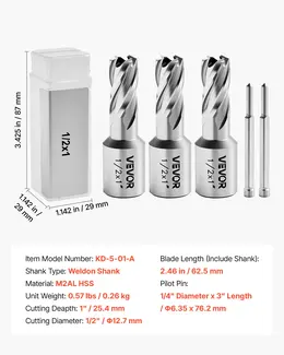 Product image of Annular Cutter Set, 5 Pc, Weldon Shank, 1" Depth, 1/2" Diameter, HSS, for Magnetic Drills