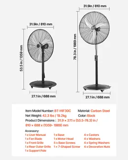 Product image of 30-Inch Industrial Pedestal Fan, 9100 CFM, 85° Oscillating, 3-Speed, IP44