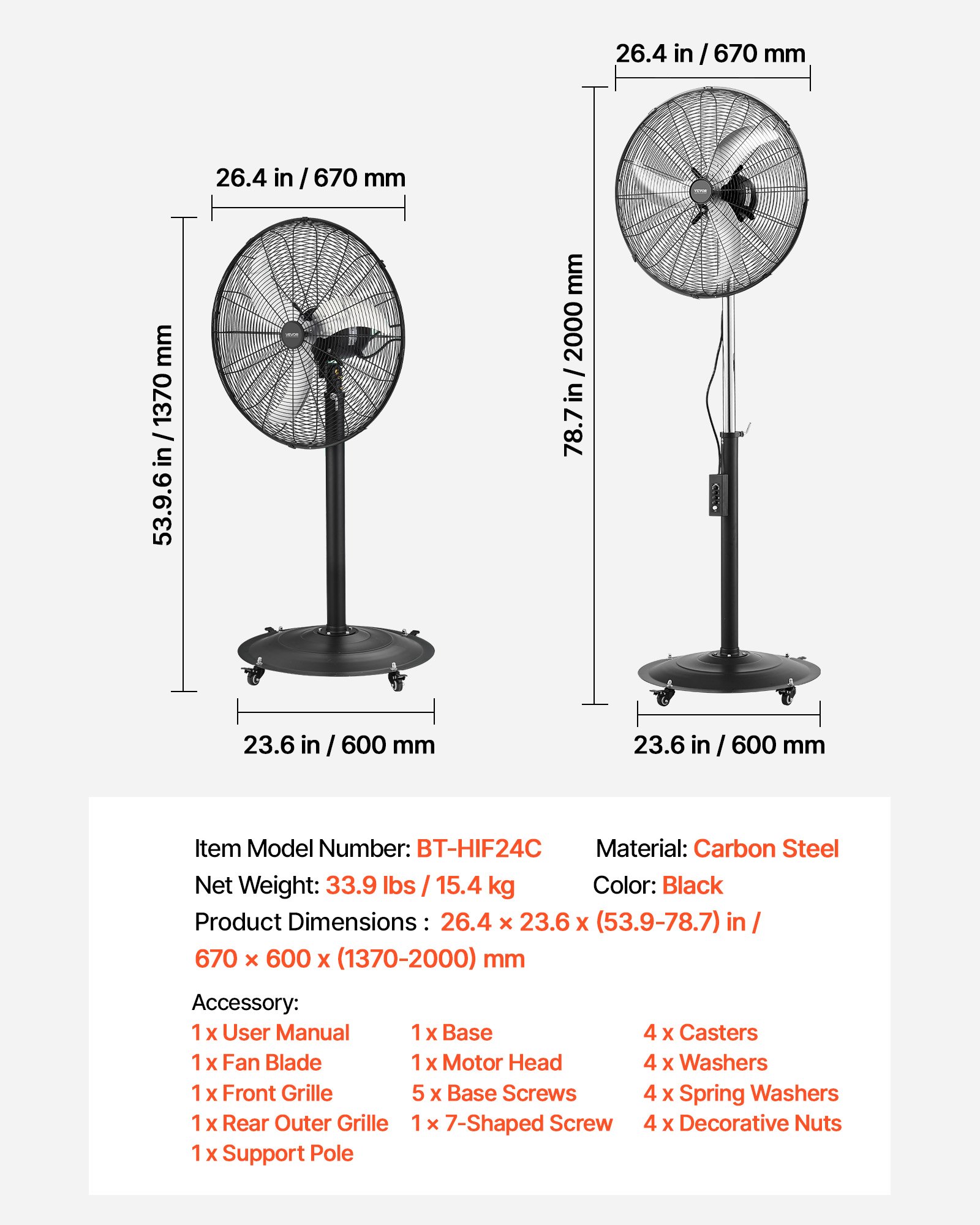 Main product image of 24-Inch Carbon Steel Pedestal Fan, 6800 CFM, 85° Oscillating, 3-Speed, IP44, Black