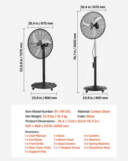 Product image of 24-Inch Carbon Steel Pedestal Fan, 6800 CFM, 85° Oscillating, 3-Speed, IP44, Black