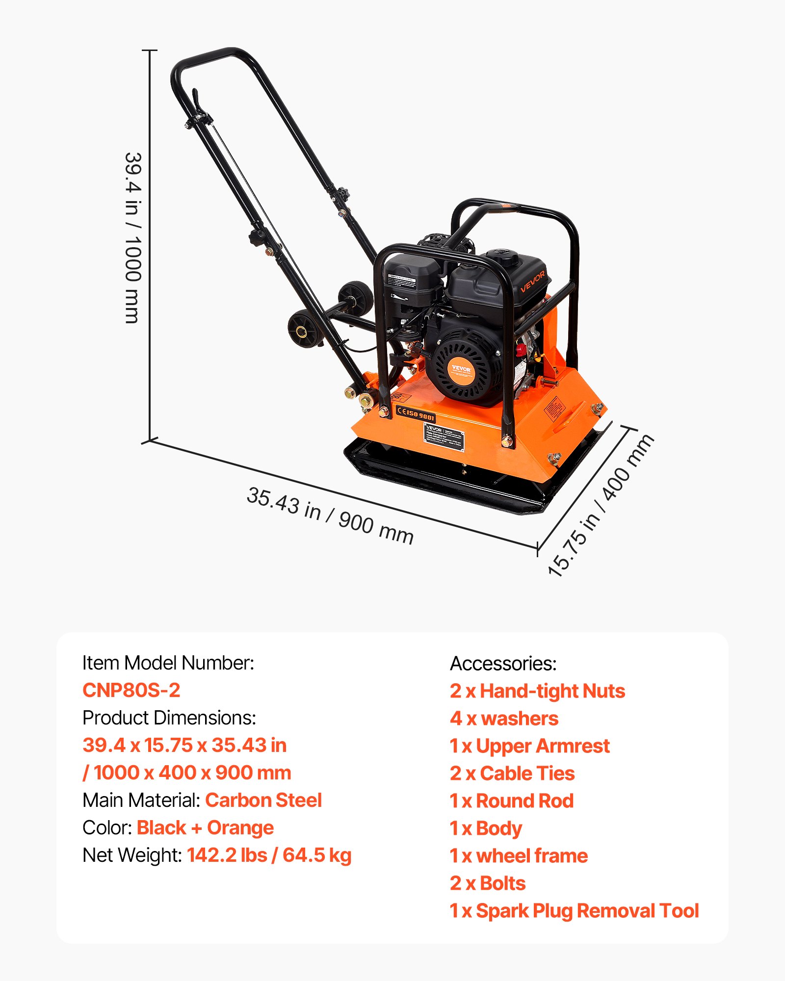 Main product image of Plate Compactor, 6.5 HP Gas, 5700 VPM, 4047 Lbs Force, 21x16 In Plate