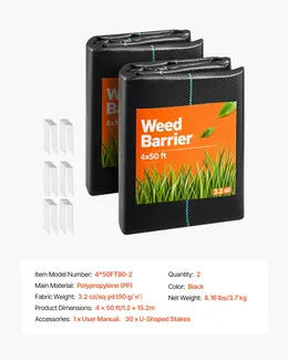 Product image of Weed Barrier Fabric, 2-Pack, 4x50 ft, 3.2 oz, Woven Landscape Fabric, Black