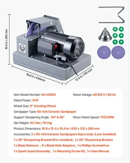 Product image of 1HP Lawn Mower Blade Sharpener, 9" Ceramic Wheel, Grit Collector, Balancer, 30°/40°