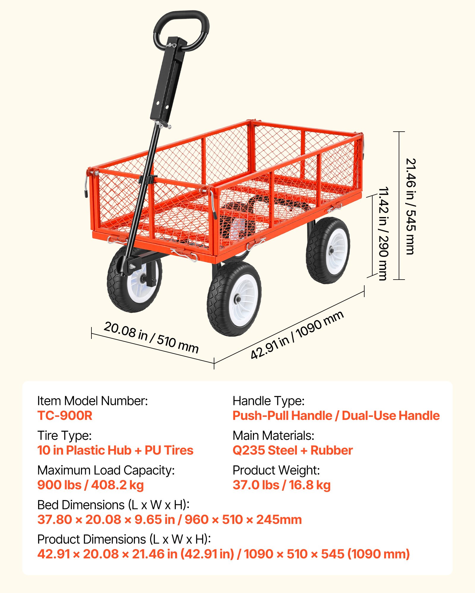 Main product image of Garden Cart, 900 LBS, Steel Utility Wagon, 10-Inch Tires, Adjustable Handle, Detachable Side Panels, Red