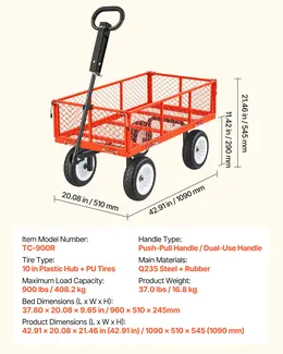 Product image of Garden Cart, 900 LBS, Steel Utility Wagon, 10-Inch Tires, Adjustable Handle, Detachable Side Panels, Red