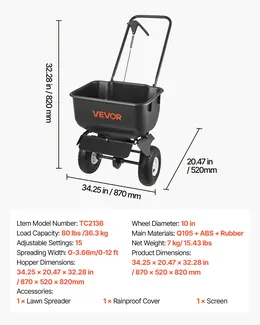 Product image of Push Broadcast Spreader, 80 lb Capacity, 12 ft Spreading Width, 10 in All-Terrain Tires