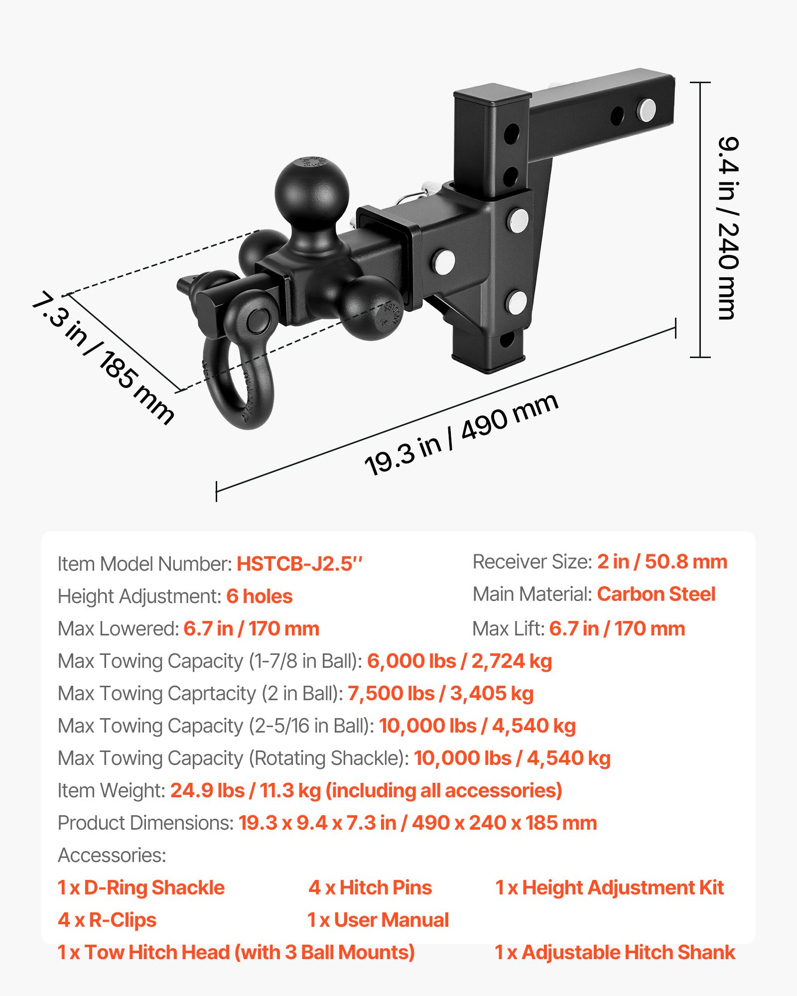 Main product image of Tri Ball Mount, D Shackle, 2" Receiver, 1-7/8", 2", 2-5/16", 10000 Lbs GTW, 6" Drop