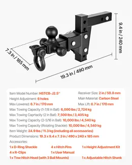 Product image of Tri Ball Mount, D Shackle, 2" Receiver, 1-7/8", 2", 2-5/16", 10000 Lbs GTW, 6" Drop