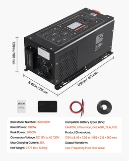 Product image of 1200W Pure Sine Wave Inverter Charger, 12V DC to 120V AC, Low Frequency, LiFePO4 Compatible
