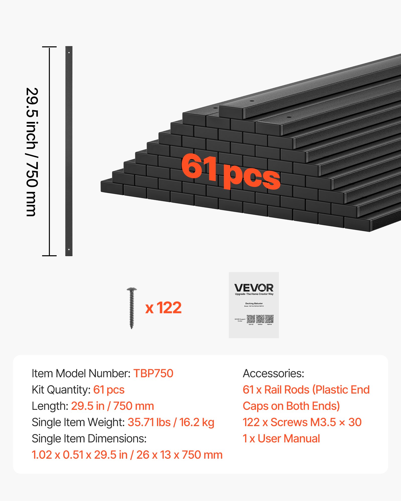 Main product image of 61 Pack 29.5 In. Black Galvanized Steel Hollow Rectangle Balusters