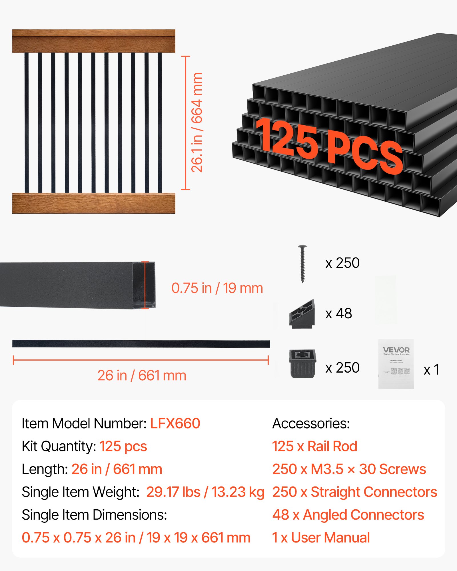 Main product image of 125 Pack 3/4 In Square X 26 In Long Black Aluminum Deck Balusters with Connectors
