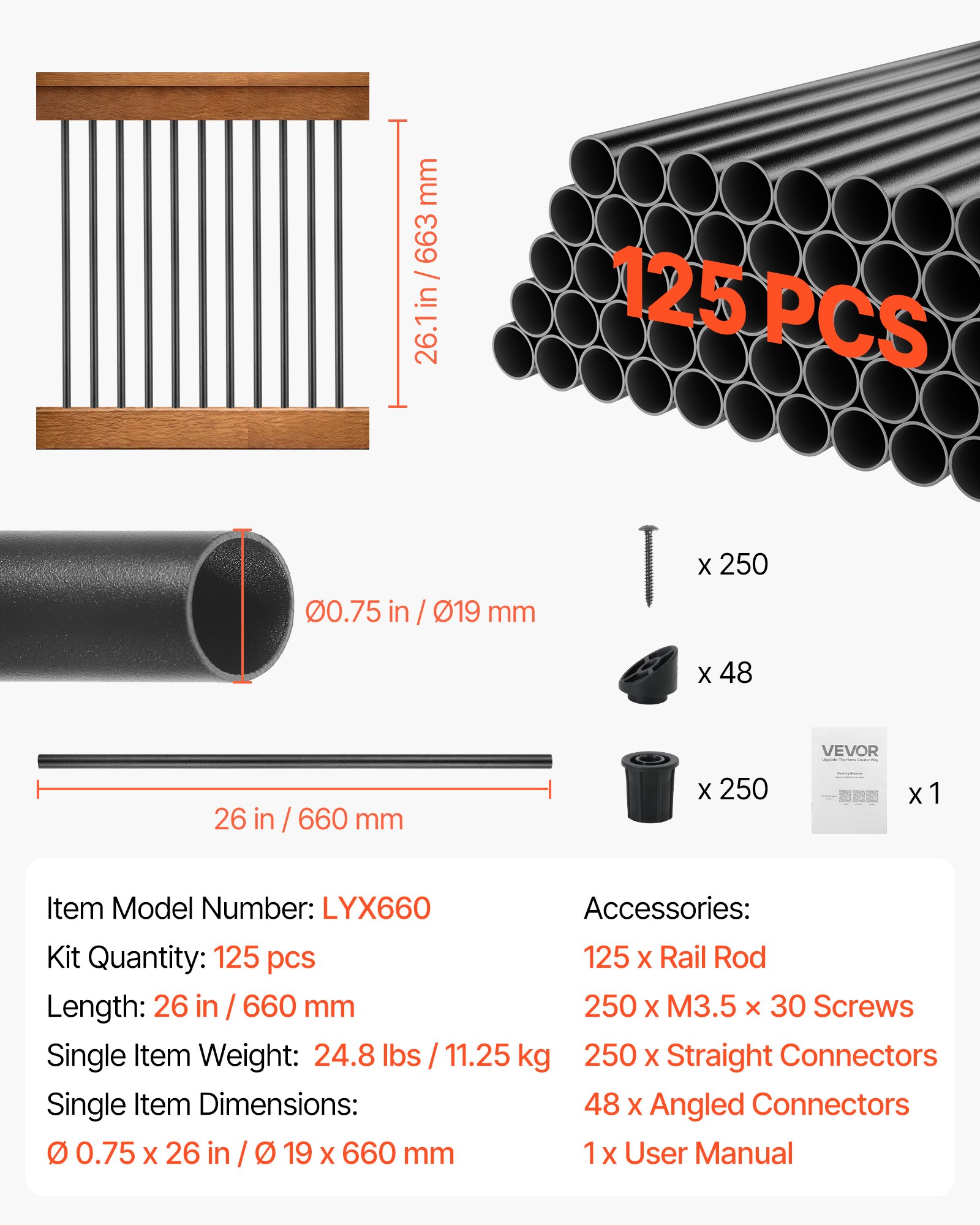 Main product image of 125 Pack 26 In Black Aluminum Deck Balusters, 3/4 In Round Hollow