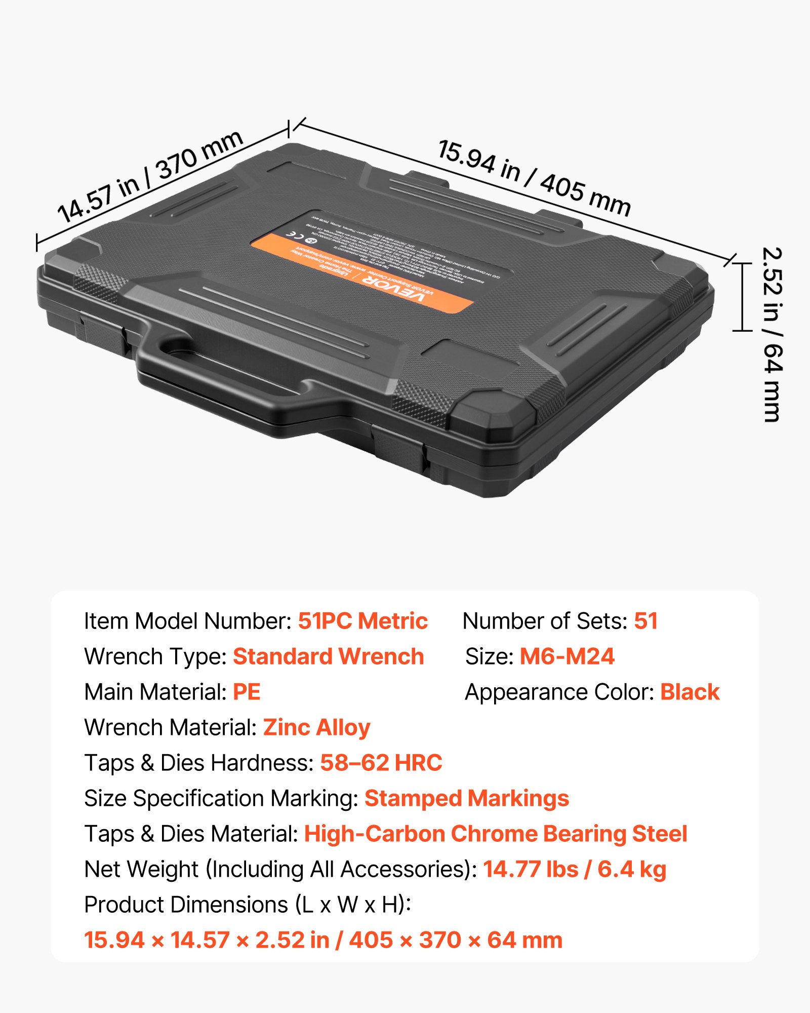 Main product image of 51-Piece Metric Tap & Die Set, M6-M24, Coarse & Fine Thread, Bearing Steel