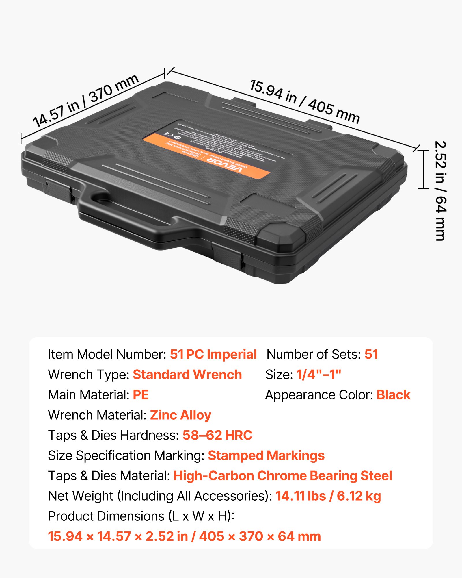 Main product image of 51-Piece SAE Tap and Die Set, 1/4" to 1", Coarse/Fine Thread, Bearing Steel