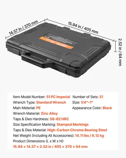 Product image of 51-Piece SAE Tap and Die Set, 1/4" to 1", Coarse/Fine Thread, Bearing Steel