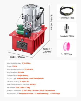 Product image of Hydraulic Power Pack, 120V, 750W, 10,000 PSI, 2.1 Gal, Single Acting, Pedal Switch