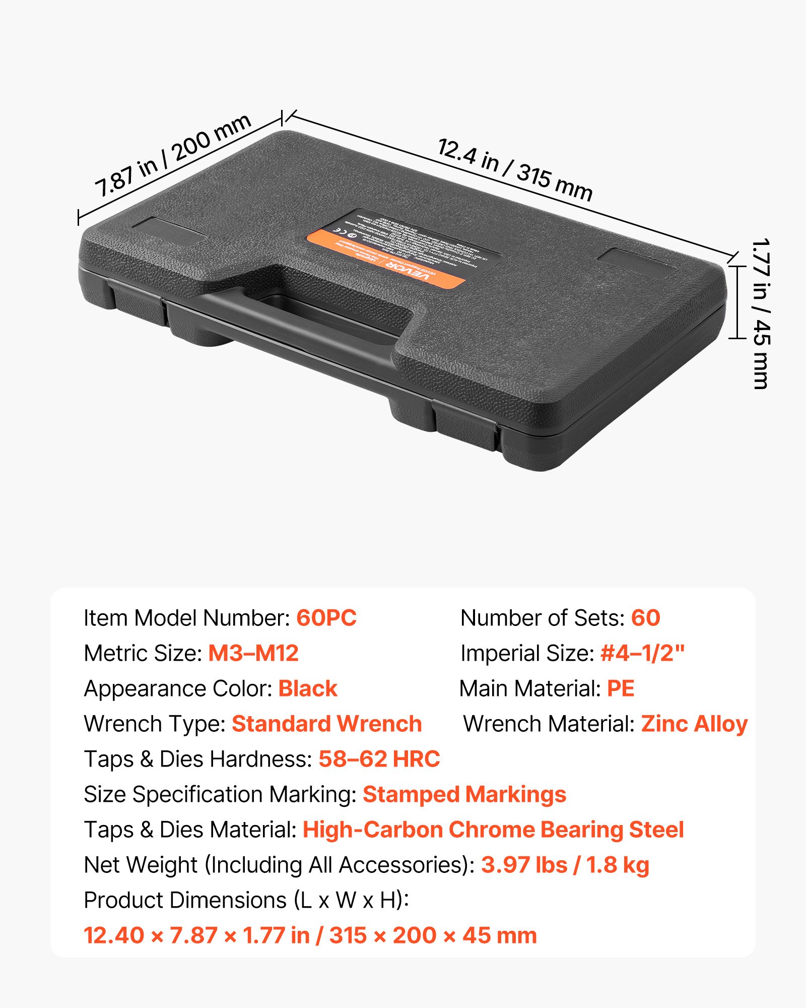 Main product image of 60-Piece Tap & Die Set, Metric M3-M12, SAE #4-1/2", Coarse/Fine, Wrench, Case