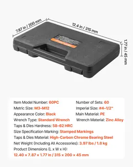 Product image of 60-Piece Tap & Die Set, Metric M3-M12, SAE #4-1/2", Coarse/Fine, Wrench, Case