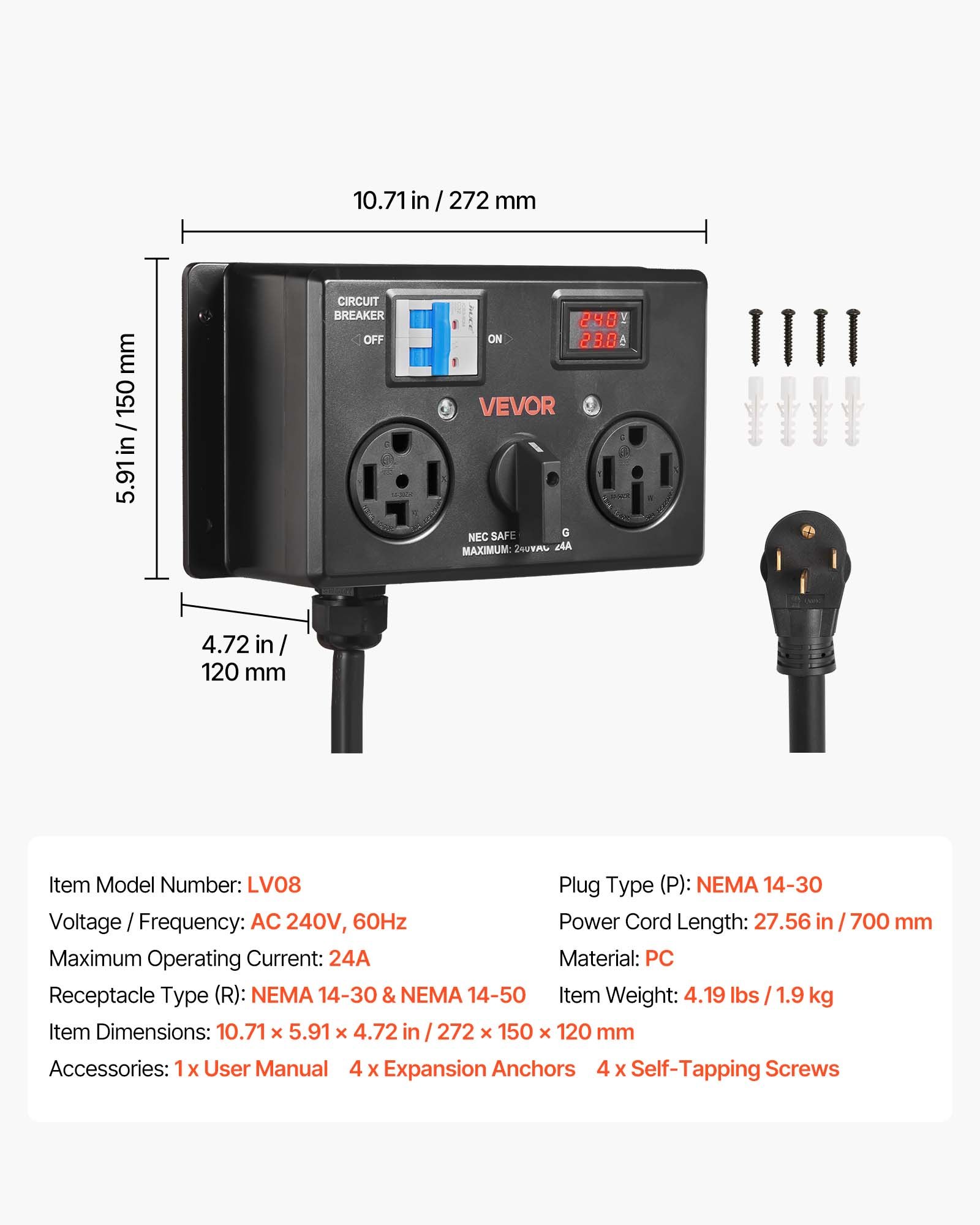 Main product image of NEMA 14-30P to 14-30R/14-50R Manual Power Distribution Switch, 24A 240V