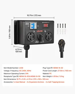Product image of NEMA 14-30P to 14-30R/14-50R Manual Power Distribution Switch, 24A 240V