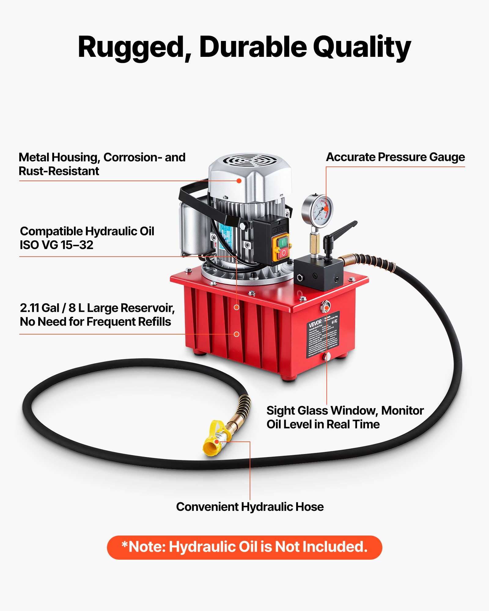 Main product image of Electric Hydraulic Pump, Single Acting, 750W, 10,000 PSI, 120V, Manual Valve, 2.1 Gallon