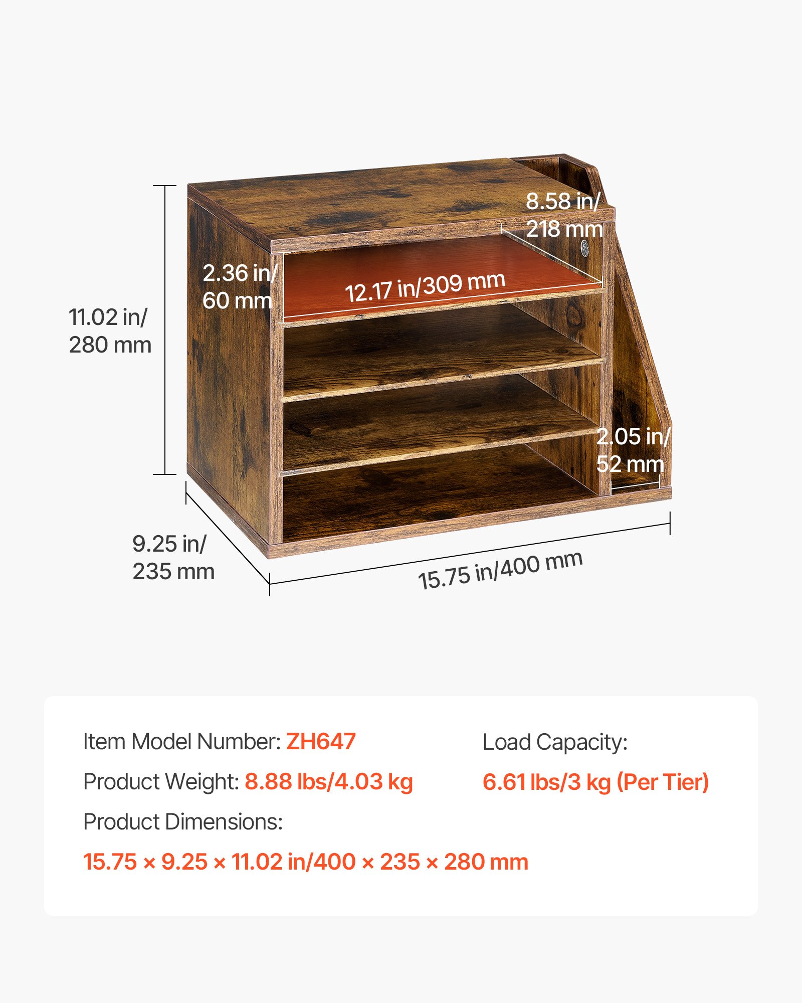 Main product image of Brown Wooden Literature Organizer, 4 Compartments, Detachable Shelves, Side Storage