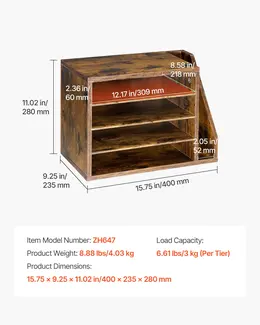 Product image of Brown Wooden Literature Organizer, 4 Compartments, Detachable Shelves, Side Storage
