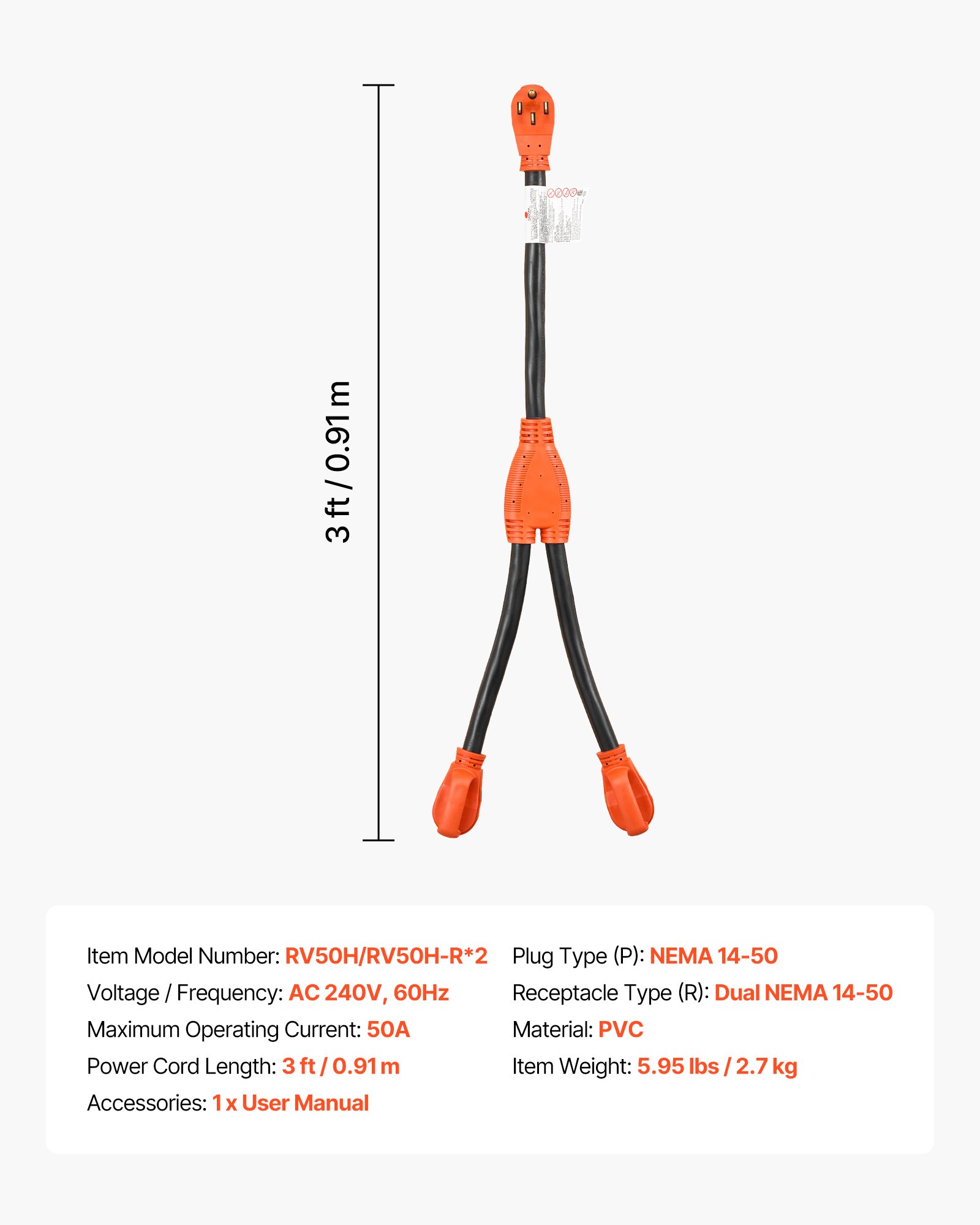 Main product image of NEMA 14-50 Y Splitter Adapter Cord, 50A 240V, 14-50P to Dual 14-50R, 6/3+8/1 STW