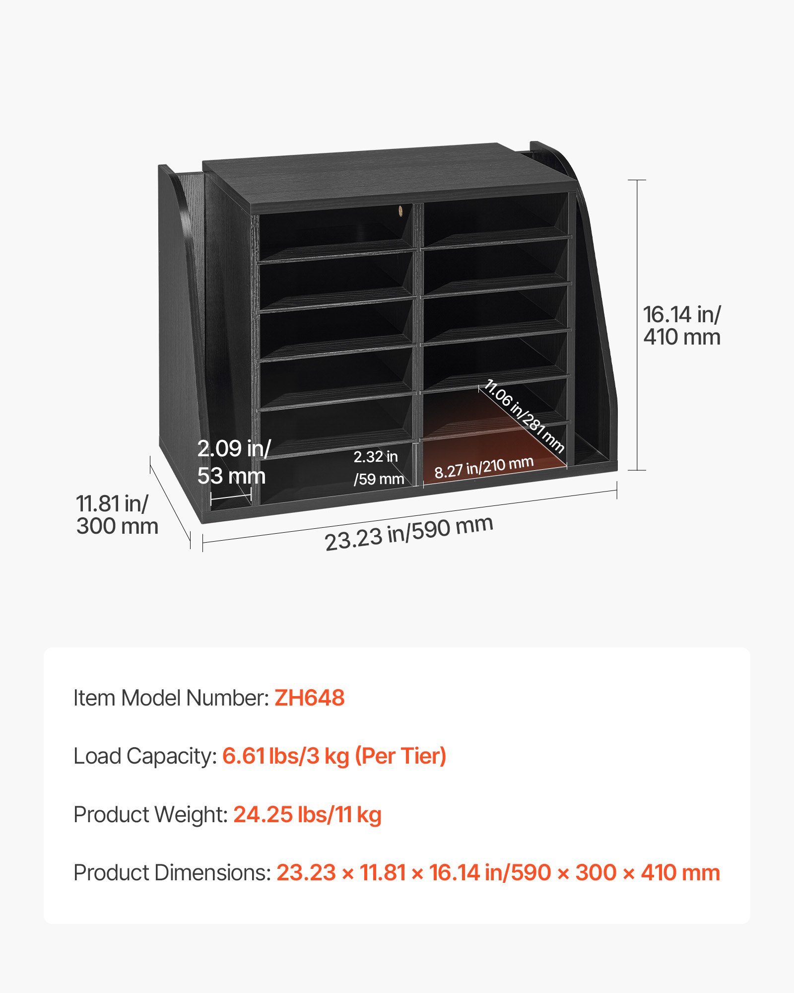 Main product image of 12 Compartment Literature Organizer, Particle Board, Black, Side Vertical Storage