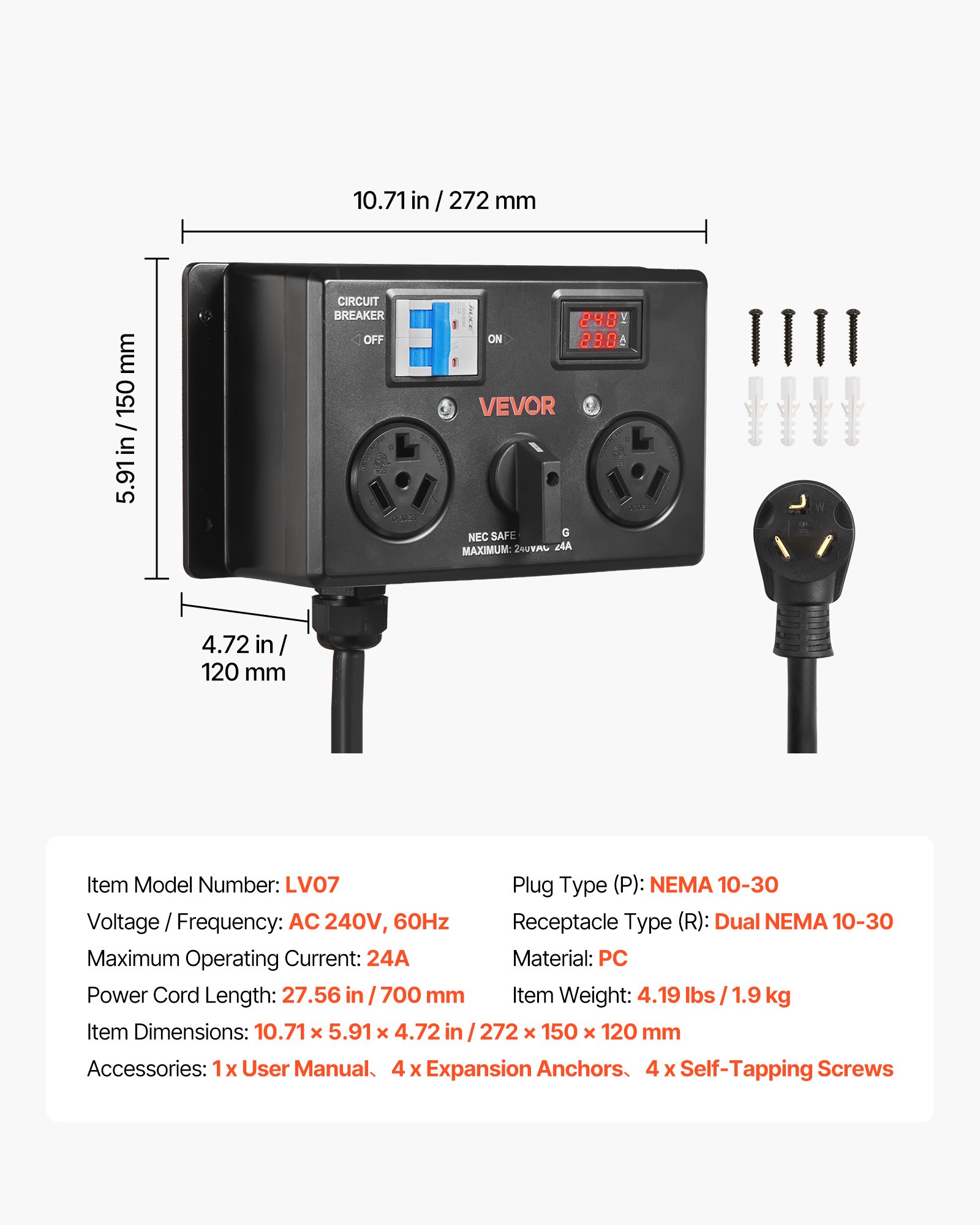 Main product image of NEMA 10-30 Manual EV Charging Splitter Switch, 24A 240V, Dryer & EV, Circuit Breaker, Display, ETL
