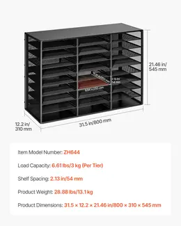 Product image of 27 Compartment Metal Literature Organizer, Detachable Wire Mesh, Wooden Top, Black