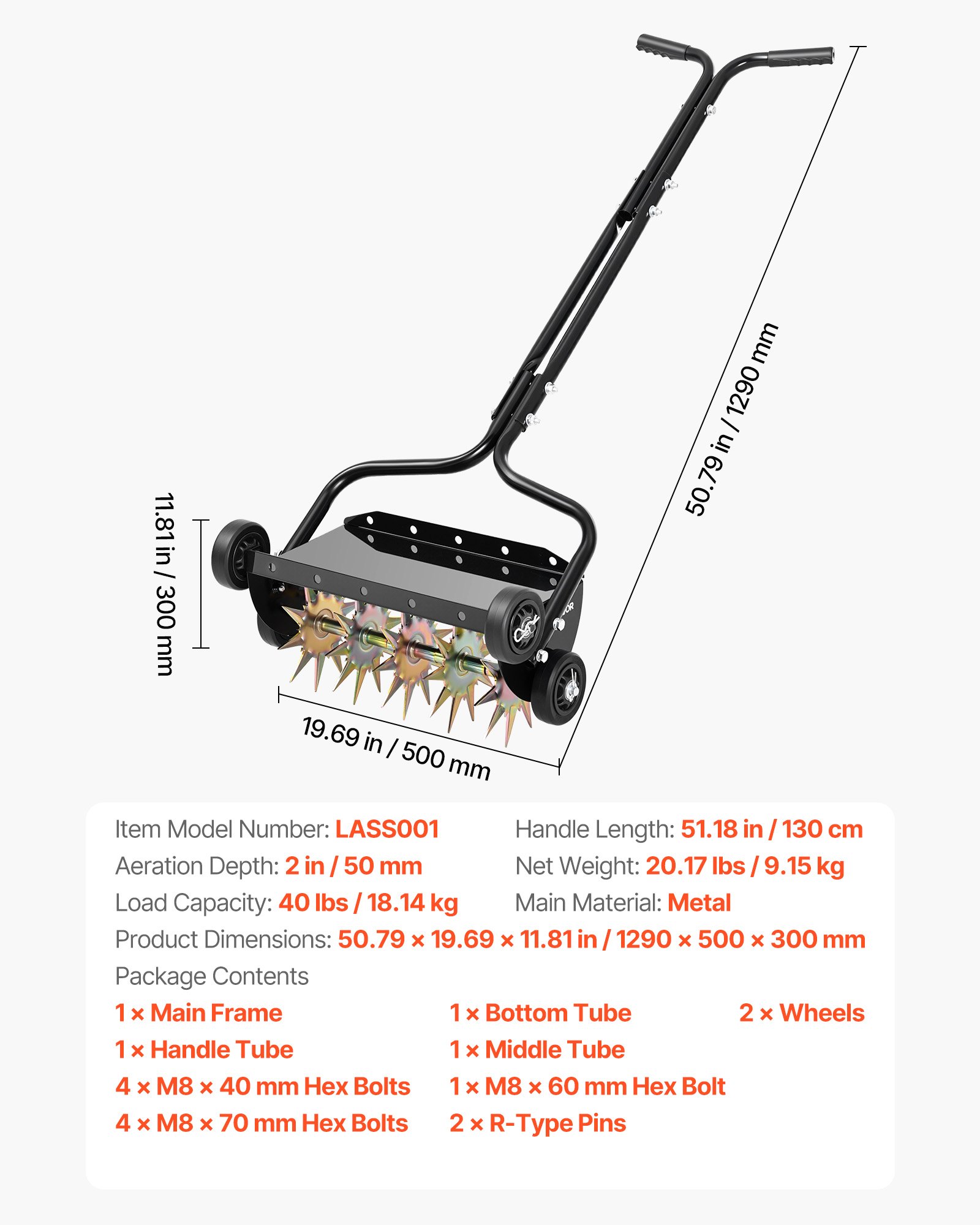 Main product image of Manual Push Spike Lawn Aerator, 18 In, 4 Wheels, 40 Lbs Weight Support
