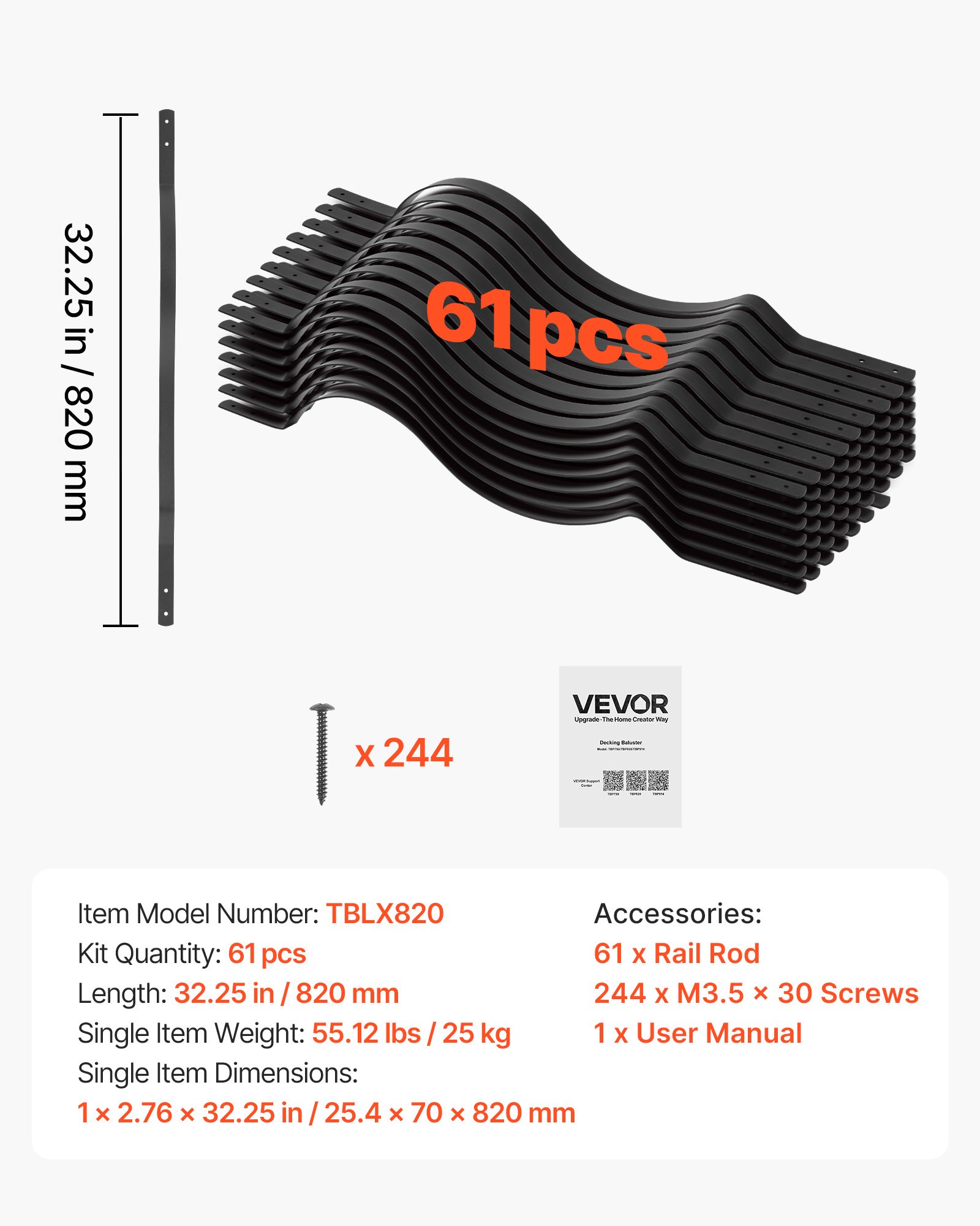 Main product image of 61 Pack, 32.28 x 1 in. Black Galvanized Steel Wavy Deck Balusters with Screws