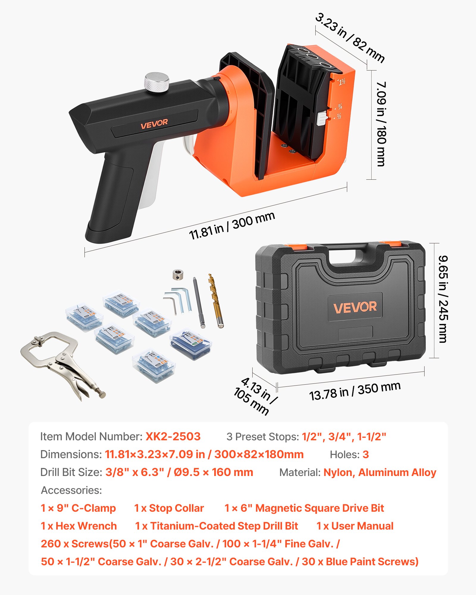 Main product image of Pocket Hole Jig Kit, 1/2", 3/4", 1-1/2" Adjustable, Rotating Handle, 260 Screws