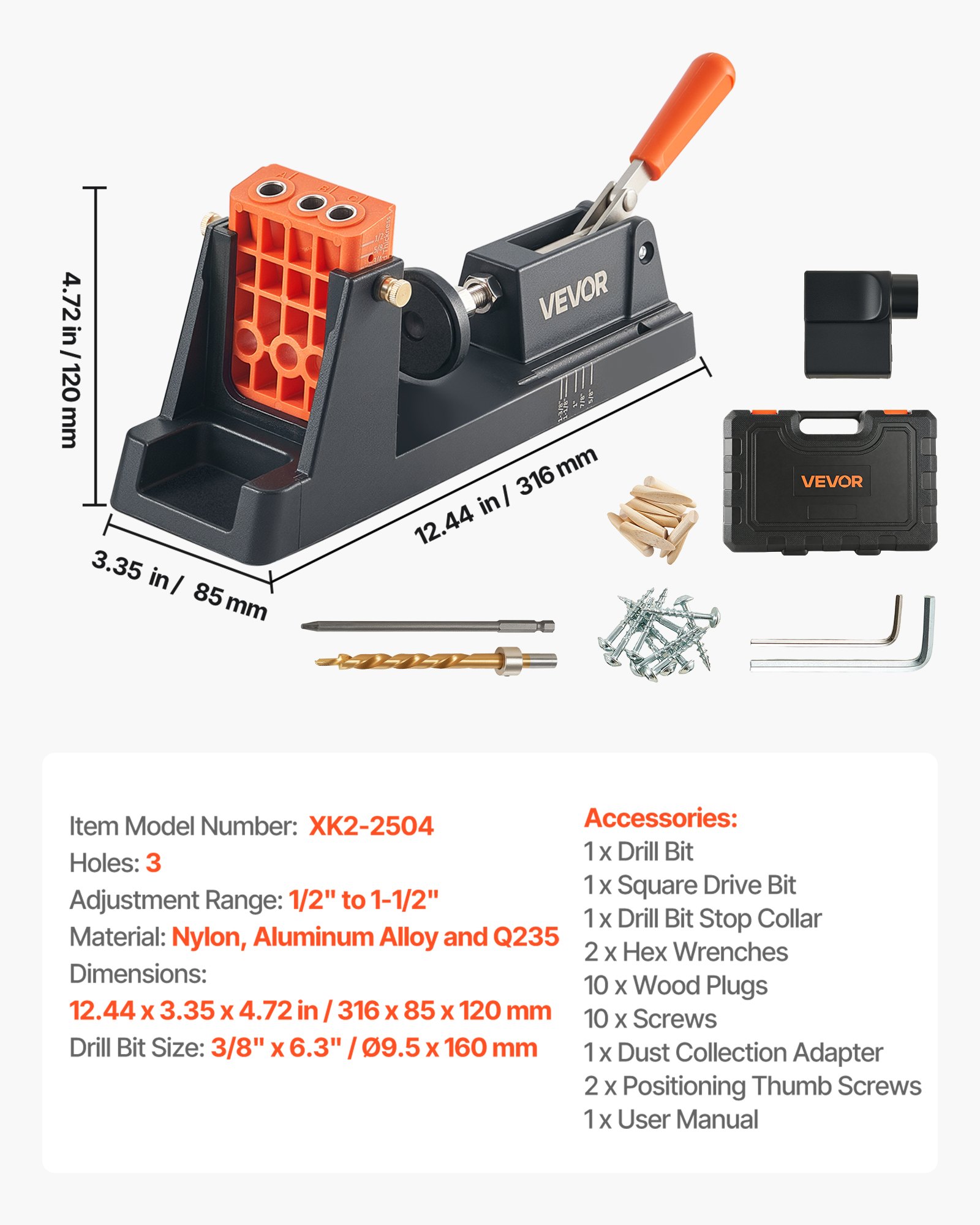Main product image of Pocket Hole Jig Kit, 1/2" to 1-1/2" Adjustable, Dust Adapter, Detachable Guide