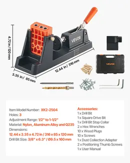 Product image of Pocket Hole Jig Kit, 1/2" to 1-1/2" Adjustable, Dust Adapter, Detachable Guide