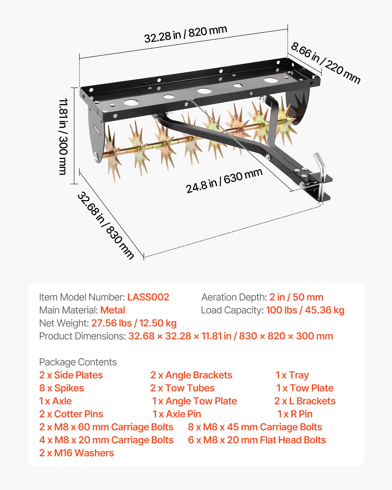 Main product image of 32 In Tow Behind Spike Aerator with Universal Hitch and Tray
