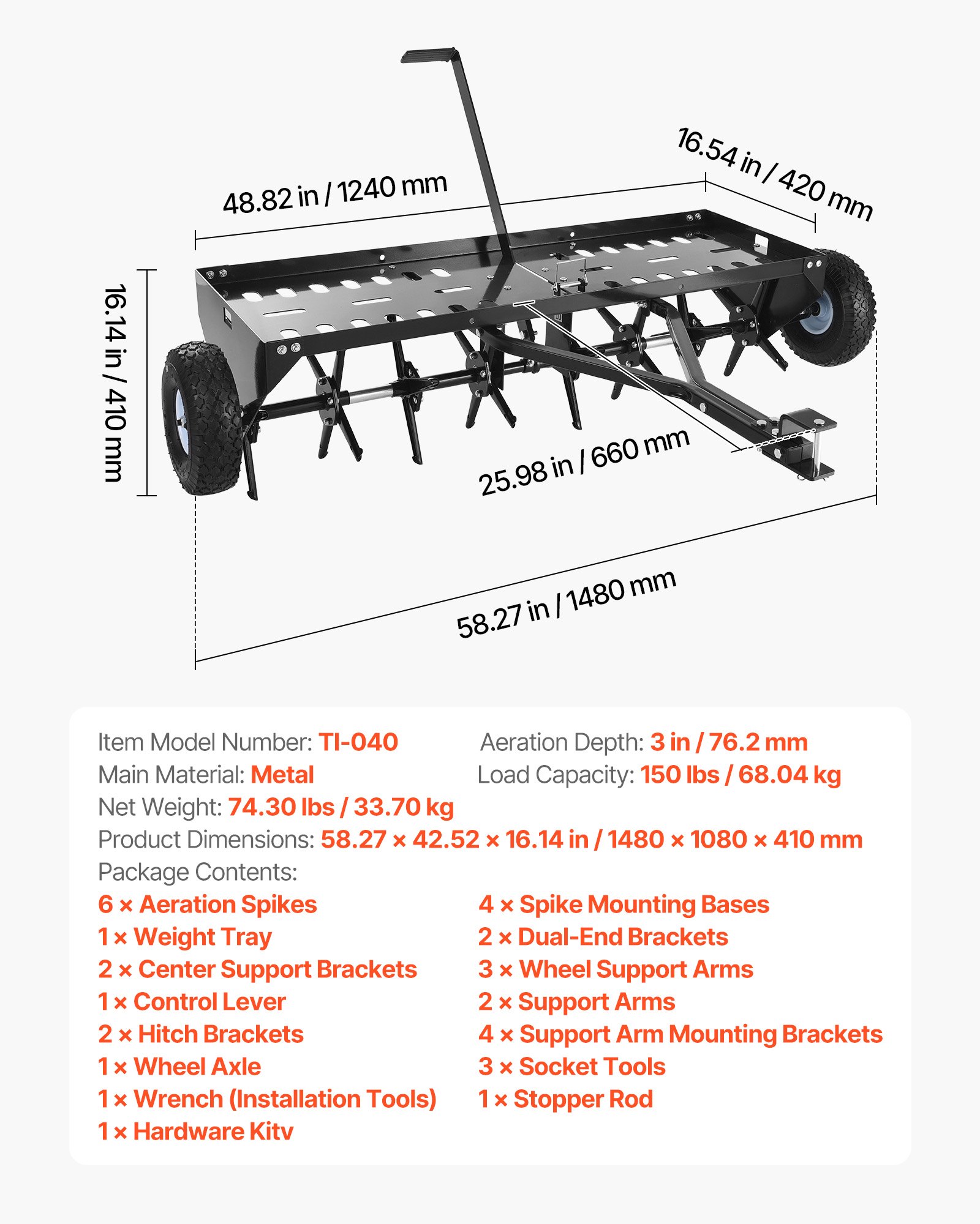 Main product image of 40 In Tow Behind Plug Aerator, Universal Hitch, 150lb Capacity, 10.6 In Wheels