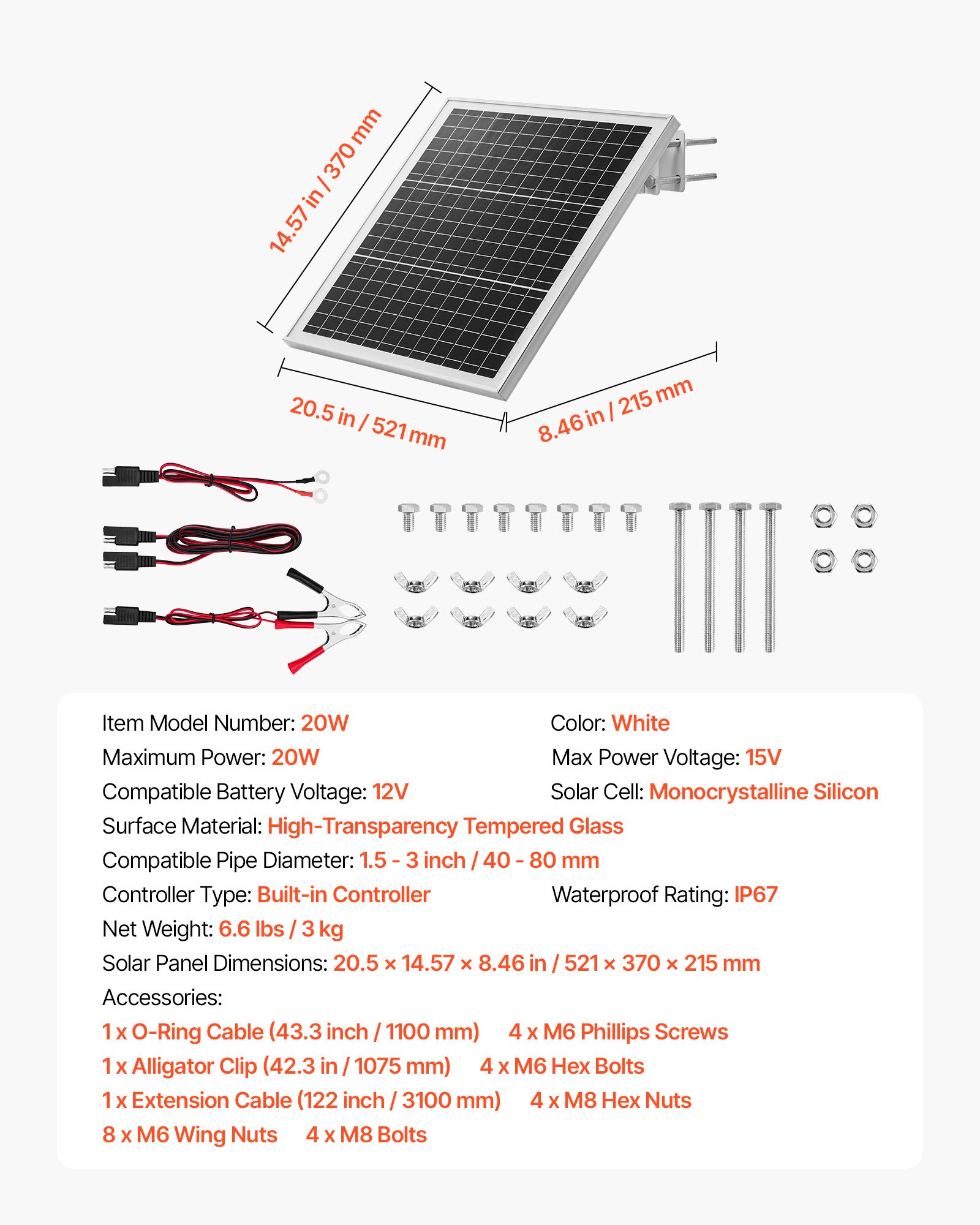 Main product image of 20W 12V Solar Panel Charger, Built-in Controller, IP67, Adjustable Pole Mount