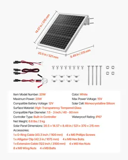 Product image of 20W 12V Solar Panel Charger, Built-in Controller, IP67, Adjustable Pole Mount