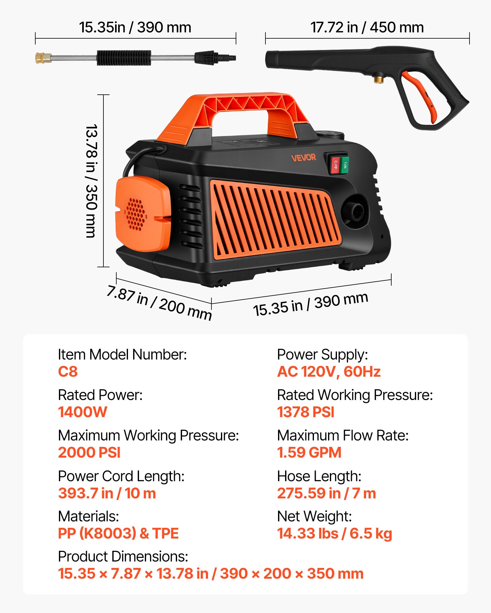 Main product image of Electric Pressure Washer, 2000 PSI, 1.59 GPM, Portable, 4 Nozzles, Metal Wand