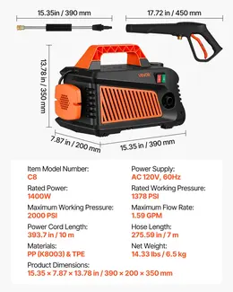 Product image of Electric Pressure Washer, 2000 PSI, 1.59 GPM, Portable, 4 Nozzles, Metal Wand