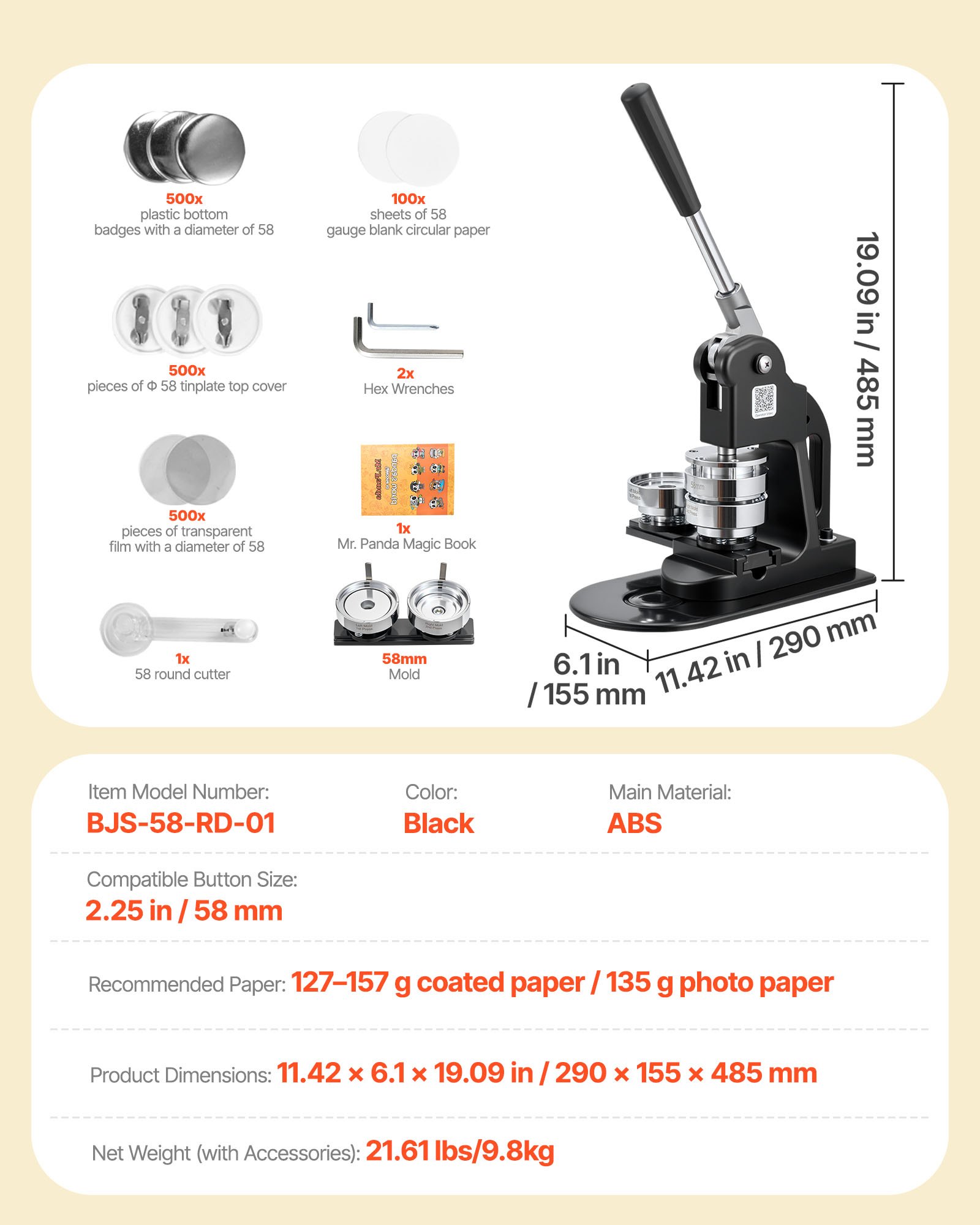 Main product image of Button Maker Machine, 2.25 In, Kit with 500 Button Parts, Circle Cutter, Black